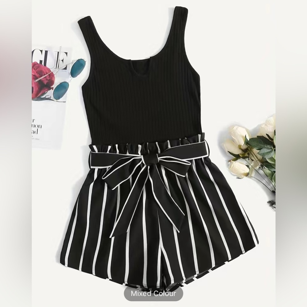 Black and White Belted Romper